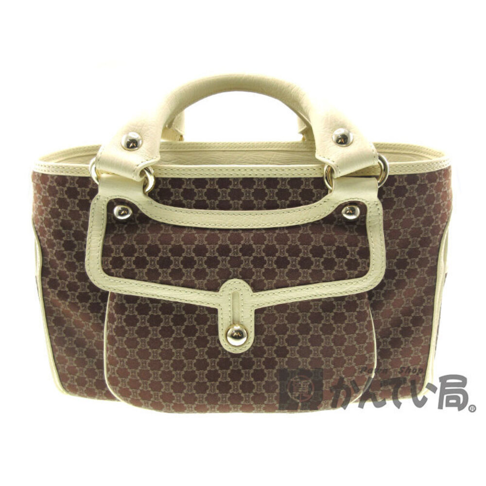 CELINE Boogie Bag Handbag Leather Canvas Brown Cream Beige